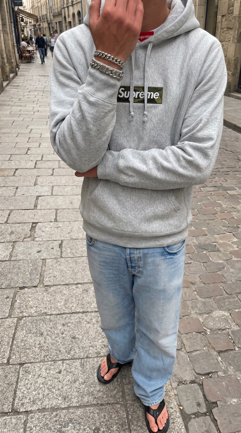 After: AI-generated photo of a person wearing the same grey Supreme box logo hoodie on a Paris street